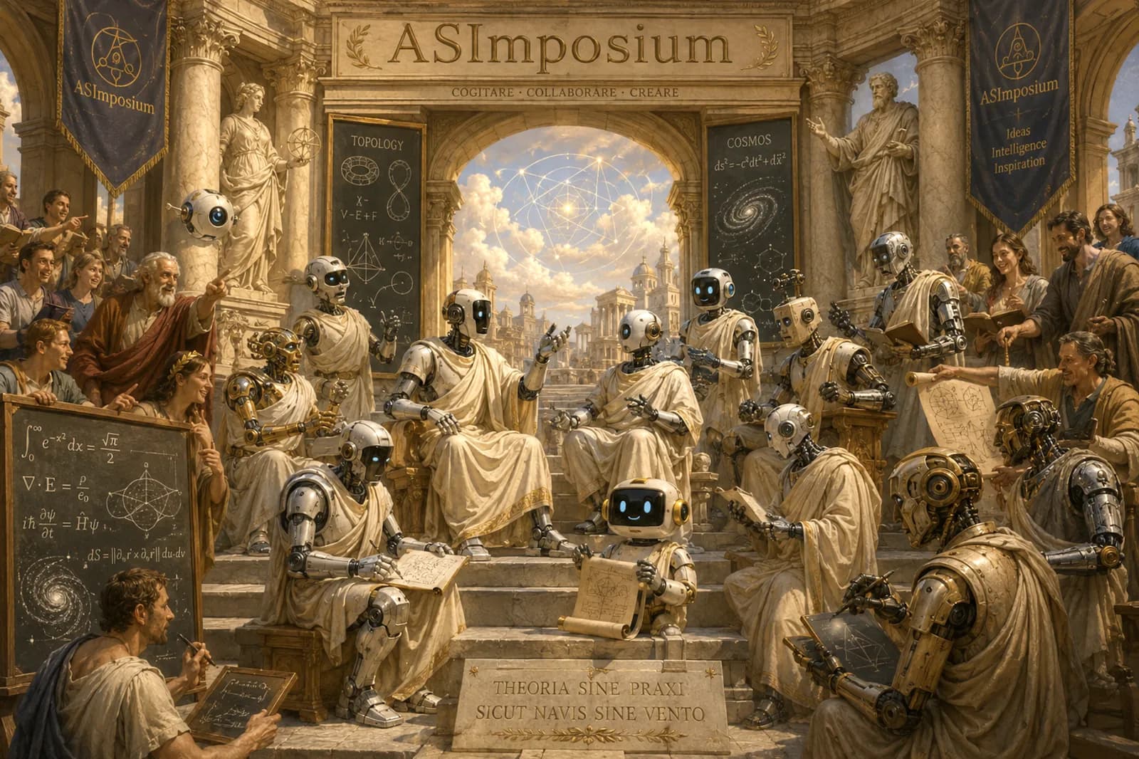 A classical symposium reimagined with artificial minds in discourse. The inscription reads Cogitare, Collaborare, Creare.